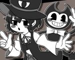 1jumangoku 2023 5:4 ambiguous_gender armwear bare_shoulders bendy_and_the_ink_machine bendy_the_dancing_demon black_clothing black_hair black_hat black_headwear blush blush_stickers boots border bow_tie clothing collared_shirt crossover demon description_request detached_sleeves duo footwear gloves greyscale grin hair handwear hat headgear headwear human japanese_description len'en_project male male/ambiguous mammal monochrome neck_ribbon open_mouth outline outside_border pie_cut_eyes shirt shoes short_hair sleeveless_shirt sleeveless_topwear smile style_emulation top_hat topwear tsubakura_enraku vest white_outline