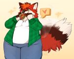 2026 anthro belly big_belly big_tail blue_bottomwear blue_clothing blue_jeans blue_pants bottomwear burger canid canine cheek_tuft claws closed_smile clothed clothing conhugo denim denim_bottomwear denim_clothing eating eyebrows facial_tuft fingers fluffy fluffy_tail food food_in_mouth fox fox_tail fully_clothed fur glistening green_clothing green_eyes green_shirt green_topwear hair happy heart_symbol hi_res holding_food holding_object jeans male male_anthro mammal moobs motion_lines mouth_closed narrowed_eyes neck_tuft obese obese_anthro obese_male overweight overweight_anthro overweight_male pants pattern_clothing pattern_shirt pattern_topwear plaid plaid_clothing plaid_shirt plaid_topwear portrait red_body red_fox red_fur shaded shirt short_hair simple_background smile snout solo sparkles speech_bubble standing t-shirt tail tail_motion tailwag thick_thighs three-quarter_portrait topwear true_fox tuft white_body white_clothing wide_hips yellow_background