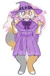 anthro arcanis_(hahaluckyme) blush calico_cat clothed clothed_anthro clothed_female clothing cute_fangs digital_drawing_(artwork) digital_media_(artwork) dipstick_tail domestic_cat fangs felid feline felis female female_anthro fully_clothed fully_clothed_anthro fully_clothed_female fur grey_body grey_fur hair hat headgear headwear hi_res holding_object holding_wand mammal markings multicolored_body multicolored_fur orange_body orange_fur pawberry purple_clothing red_eyes solo tail tail_markings teeth wand white_body white_fur white_hair white_tail_tip witch_hat