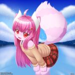 1:1 abstract_background accessory ahoge anthro big_tail blush bottomwear checkered checkered_bottomwear checkered_clothing checkered_skirt clothing cloud cute_fangs dakeneshi fangs female fluffy fluffy_tail fur hair hair_accessory hairpin hi_res horn inner_ear_fluff kemono lake leaning leaning_forward long_hair markings mottled pattern_bottomwear pattern_clothing pattern_skirt piebald pink_body pink_fur pink_hair plaid plaid_bottomwear plaid_clothing plaid_skirt pleated red_eyes shoulderless_sweater skirt solo striped_markings striped_tail stripes sweater tail tail_markings teeth topwear tuft water white_body white_fur