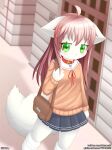 ahoge anthro big_tail blue_bottomwear blue_clothing blue_skirt blue_trim bottomwear canid canine cheek_tuft city clothing collar dakeneshi ears_down emotionless expressionless facial_tuft female fluffy fluffy_tail footwear fox fur green_eyes hair handbag hi_res high-angle_view kemono knee_highs knee_socks legwear long_hair looking_at_viewer loose_socks mammal messenger_bag miniskirt pink_hair pivoted_ears pleated_skirt purse school_uniform sidewalk skirt sky socks solo sunset sweater tail topwear tuft underwear uniform white_body white_fur white_trim