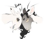 anthro black_hair bovid caprine chin_tuft curved_horn dullvivid duo eyebrow_piercing facial_piercing facial_tuft female fur goat grey_body grey_fur hair headbutt horizontal_pupils horn male mammal nonbinary_(lore) open_mouth open_smile piercing pupils sharp_teeth smile teeth tuft white_body white_fur yellow_sclera