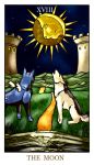  alva_(character) ambiguous_gender black_fur blue_fur building canine card duo feathered_wings feathers feral feralise fur grass howl jinxy_falina major_arcana mammal moon night path sky star tan_fur tarot_card the_moon_(tarot) tower water white_feathers wings wolf 