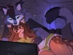 4:3 anthro bottomwear canid canine canis clothed clothing computer cuddling digital_media_(artwork) duo ear_piercing ear_ring electronics felid feline female fur hair half-closed_eyes hyilpi jackal laptop lying lynx male male/female mammal narrowed_eyes on_side open_mouth piercing ring_piercing shirt shorts smile tail teeth tongue topwear