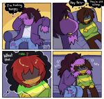 2026 4_panel_comic anthro blush bottomwear brown_hair clothed clothing comic deltarune denim denim_bottomwear denim_clothing dialogue doodly_sheery duo english_text female furniture hair hi_res human jeans kris_dreemurr lightner male mammal pants purple_body reptile scalie sofa speech_bubble susie_(deltarune) teeth text torn_bottomwear torn_clothing torn_jeans torn_pants undertale_(series) yellow_body yellow_sclera yellow_skin