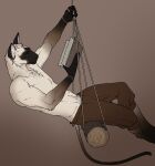 2026 absurd_res anthro book bottomwear bracelet clothed clothing digit_ring domestic_cat ear_piercing ear_ring felid feline felis finger_ring fur gloves_(marking) gradient_background hi_res jewelry leg_markings log male mammal markings movd pants piercing reading reading_book ring_piercing simple_background sitting sitting_on_swing socks_(marking) solo swing tail topless topless_anthro topless_male white_body white_fur wood