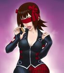  amami_haruka blindfold breasts brown_hair cleavage elbow_gloves facing_viewer fingerless_gloves gloves hair_ribbon idolmaster idolmaster_(classic) lips mahjong mahjong_tile medium_breasts popped_collar red_blindfold ribbon short_hair solo tongue wata_do_chinkuru you're_doing_it_wrong 