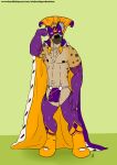 2020 anthro brown_body brown_fur bulge cape clothing colored dated detailed_bulge english_text flexing flexing_bicep fur genital_outline green_background grey_body grey_fur grin hair hi_res hyena king_cackle_(whitecolt_productions) male mammal markings mask muscular nipples penis_outline purple_clothing purple_mask simple_background smile solo sparkles sparkling_clothing spots spotted_body spotted_fur standing supervillain tan_body tan_fur teeth text url whitecolt_productions yellow_cape yellow_clothing