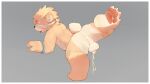 16:9 2026 4_toes 4k absurd_res anthro balls bdsm bear blindfold bodily_fluids chanda_(artist) dripping feet flaccid genital_fluids genitals grey_background hi_res kemono legs_up male male_peeing mammal nude orange_body pawpads peeing penis saliva saliva_drip side_view simple_background solo toes tongue tongue_out urine urine_stream widescreen