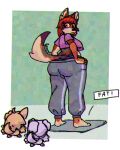 4:5 alex_(periodic) anthro big_butt bird_dog black_nose blue_clothing blue_panties blue_underwear bottomwear butt canid canine canis chibi clothing coyote crop_top dachshund domestic_dog feet female floppy_ears fur green_background grey_body grey_bottomwear grey_clothing grey_fur grey_pants group hair humanoid_feet hunting_dog hybrid jackie_(puddlebit) mammal markings orange_body orange_eyes orange_fur overweight overweight_anthro overweight_female panties pants pink_clothing pink_shirt pink_topwear plantigrade pointy_ears puddlebit purple_body purple_fur red_hair retriever shirt simple_background slightly_chubby slightly_chubby_anthro slightly_chubby_female sweatpants tail tail_markings tan_body tan_fur thong topwear trio underwear weighing_scale wide_hips wolf