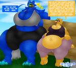 alphys anthro belly bench big_belly big_breasts black_bottomwear black_clothing blue_body blue_fur bottomwear bra breasts buckteeth butt claws cleavage clothed clothing cloud cybernetics cyborg dialogue duo english_text eyewear feet female female/female female_anthro freckled_breasts freckles fur glasses grass grey_clothing hair heart_symbol hi_res huge_breasts huge_thighs hyper larger_female lizard machine mammal navel obese obese_anthro obese_female open_mouth outside overweight overweight_anthro overweight_female pants plant protogen reptile scales scalie shirt shorts sitting size_difference sky smaller_female smile sokoyo_owo speech_bubble sports_bra starry_(sokoyo_owo) tail teeth text thick_thighs tight_clothing topwear undertale undertale_(series) underwear wide_hips yellow_body yellow_eyes yellow_scales