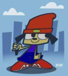 anthro artist_name beanie black_ears black_eyes black_nose blue_bottomwear blue_clothing blue_pants blue_shirt blue_topwear bottomwear building canid canine canis clothing cloud domestic_dog ears_down electronics floppy_ears footwear hat headgear headwear hi_res holding_microphone holding_object male mammal microphone orange_beanie orange_clothing orange_hat orange_headwear pants parappa parappa_the_rapper pivoted_ears red_clothing red_footwear red_shoes shirt shoes sky smile sony_corporation sony_interactive_entertainment tan_body text topwear watermark xochibunsai