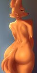 anthro ayuyabo big_butt butt canid canine cheek_tuft curvy_figure diane_foxington dreamworks ear_tuft facial_tuft female fluffy fluffy_tail fox fur green_eyes hi_res looking_at_viewer looking_back looking_back_at_viewer mammal neck_tuft nude orange_body orange_fur simple_background small_waist smile smiling_at_viewer solo tail the_bad_guys thick_thighs tuft wide_hips