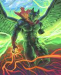 2025 abdominal_impalement abs absurd_res anthro back_wings bec_noir biceps big_muscles biped black_body black_feathers black_fur black_wings blue_sky canid cape clothing cloud deltoids detailed_background digit_ring digital_drawing_(artwork) digital_media_(artwork) empty_eyes eye_scar facial_scar feathered_wings feathers finger_ring front_view full-length_portrait fur green_aura green_eyes hi_res homestuck impalement jewelry kingarthur_i looking_at_viewer male male_anthro mammal melee_weapon meteor missing_arm ms_paint_adventures muscular muscular_anthro muscular_male nude nude_anthro nude_male open_mouth outside pecs portrait red_cape red_clothing scar sky snout solo spread_wings sword teeth topwear torn_clothing torn_topwear weapon wings