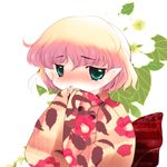  blonde_hair blush floral_print green_eyes hands_on_own_face highres japanese_clothes kimono mizuhashi_parsee obi pointy_ears sash short_hair solo tears touhou yukata yume_shokunin 