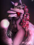 3:4 absurd_res anthro bedroom_eyes breasts caught_and_continued clothing english_text female female_anthro fluffy generation_5_pokemon hi_res itsmapledoe looking_at_another narrowed_eyes nintendo peeping pokemon pokemon_(species) seductive silverzorua text undressing zoroark zorua