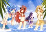  absurdres akemi_homura ass bad_id bad_pixiv_id beach bikini black_hair blonde_hair blue_eyes blue_hair bow breasts drill_hair food frills hair_bow hair_ornament highres kikimi long_hair looking_back mahou_shoujo_madoka_magica medium_breasts miki_sayaka mouth_hold multiple_girls navel o-ring o-ring_bikini o-ring_bottom one_eye_closed partially_submerged ponytail purple_eyes purple_sarong red_eyes red_hair sakura_kyouko sarong see-through short_hair sideboob striped swimsuit taiyaki tomoe_mami translucent_sarong wagashi water yellow_eyes yellow_sarong 