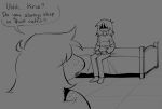 ambiguous_gender anthro asking_another bed bedroom bottomwear clothed clothing deltarune dialogue duo english_text freckled_face freckled_shoulders freckles fully_clothed furniture hair human inside kris_dreemurr lightner mammal monochrome on_bed pants question question_mark reptile scalie sitting sitting_on_bed sketch speech_bubble strawberristorm susie_(deltarune) text topwear undertale_(series)