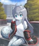accessory ahoge anthro big_tail black_ribbon blue_eyes bottomwear cheek_tuft city clothing cloud cloudy_sky concrete dakeneshi denim denim_bottomwear denim_clothing denim_shorts facial_tuft felid female fluffy fluffy_tail fur grey_body grey_fur hair hair_accessory hair_ribbon hand_in_hair hi_res inner_ear_fluff jacket kemono knock-kneed leopard_spots looking_at_viewer mammal markings overcast pantherine pattern_clothing plant playing_with_hair red_trim ribbons shirt shorts shy sitting sky snow_leopard soft_smile solo spots striped_clothing stripes tail tail_markings topwear touching_hair tree tuft unbuttoned white_clothing white_shirt white_topwear