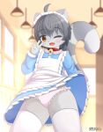 absolute_territory absurd_res ahoge amber_eyes anthro apron bell bell_collar big_tail blue_apron blue_clothing blush clothed clothing collar crossdressing cute_fangs dakeneshi domestic_cat exhibitionism fangs felid feline felis femboy frilly frilly_clothing frilly_panties frilly_underwear fur gesture grey_body grey_fur grey_hair hair hand_gesture hi_res inner_ear_fluff kemono legwear looking_at_viewer low-angle_view maid_cafe maid_headdress maid_uniform male mammal markings one_eye_closed panties pink_clothing pink_panties pink_underwear short_hair smile solo striped_markings striped_tail stripes tail tail_markings teeth thigh_highs tuft underwear uniform v_sign white_thighhighs wink