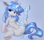 1_horn 2024 blue_background blue_eyes blue_hair blue_tail bodily_fluids braided_hair cheek_markings chest_tuft clitoral_hood clitoris clothing cork_(corktantinople) digital_drawing_(artwork) digital_media_(artwork) equid equine facial_markings fan_character female female_feral feral footwear fur fur_tuft genital_fluids genitals grey_body grey_fur hair hasbro head_markings hi_res hooves horn humanoid_genitalia humanoid_genitalia_on_feral humanoid_vulva humanoid_vulva_on_feral legwear long_hair lunargent mammal markings monotone_body monotone_fur monotone_hair my_little_pony mythological_creature mythological_equine mythology one_leg_up one_sock_on pattern_clothing pattern_legwear pattern_stockings penetration quadruped raised_leg shaded side_braid simple_background single_braid sitting smile socks soft_shading solo spread_legs spreading stockings straight_hair striped_clothing striped_legwear striped_stockings stripes tail three-quarter_view tuft unguligrade unicorn vaginal vaginal_fluids vaginal_penetration vulva