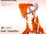  barcode bare_shoulders breasts cleavage engrish fingerless_gloves gloves gradient gradient_background guilty_crown hand_over_eye highres long_hair medium_breasts mutsuki_ginji navel orange_eyes ranguage solo underboob wallpaper white_hair yuzuriha_inori 