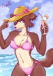 alcohol anthro articfox_(artist) beach beastars beverage bikini blue_eyes canid canine canis clothing cocktail cocktail_glass container cup drinking_glass female fur glass glass_container glass_cup hat headgear headwear juno_(beastars) looking_at_viewer mammal navel pink_bikini pink_clothing pink_swimwear purple_body purple_fur solo swimwear two-piece_swimsuit wolf