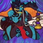 1:1 2020 2_horns 2_penises anthro bed black_body black_fur blue_body blue_eyes blue_nipples blue_tongue chaosdraws chimera closed_smile clothed clothed_anthro clothed_male clothing digital_drawing_(artwork) digital_media_(artwork) diphallism ek_(ninejackals) fangs felid fur furniture genitals hi_res hookah horn ineffective_clothing kneeling kneeling_on_bed living_penis living_tail looking_at_viewer male male_anthro mammal mouth_closed multi_genitalia multi_penis muscular muscular_anthro muscular_male nipples on_bed pantherine penis penis_snake reptile scalie signature smile smiling_at_viewer snake snake_tail solo tail teeth tongue unusual_anatomy unusual_genitalia unusual_penis unusual_tail