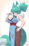 2026 5_fingers absurd_res alyssa_(busmansam) animal_humanoid bangs big_breasts blue_hair breasts canid canid_humanoid canine canine_humanoid cleavage clothed clothing dipstick_tail dress female fingers fox_humanoid fur_collar hair hand_on_hip hi_res holding_object holding_potion humanoid inner_ear_fluff legwear lips mammal mammal_humanoid markings pantyhose pink_eyes ponytail potion potion_bottle pouring pouring_on_breasts sash simple_background skecchiart smile solo standing tail tail_markings thick_lips tied_hair tights tuft