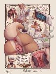 absurd_res android animal_genitalia animal_vulva anus bodily_fluids brown_body canine_genitalia canine_vulva clothing coat comic dialogue doctor duo english_text eyewear female genital_fluids genitals glasses hair hi_res machine mammal merry_the_rob'ott mustelid nat_127 olivia_lutra open_mouth otter penis raised_tail robot smile sweat tail text topwear vaginal_fluids vulva white_hair