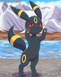 2026 4:5 :3 absurd_res ambiguous_feral ambiguous_gender biped black_body black_fur blush boaz2038 dated digital_drawing_(artwork) digital_media_(artwork) digitigrade eeveelution featureless_crotch feral fur generation_2_pokemon hi_res markings mountain nintendo outside pawpads paws pokemon pokemon_(species) red_eyes ring_(marking) ringed_tail solo standing striped_markings striped_tail stripes tail tail_markings umbreon water year