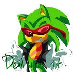  blue_eyes deal_with_it eyewear gif gloves green green_body grin half-closed_eyes hedgehog jacket leather_jacket loop male mammal plain_background scar scourge_the_hedgehog sega solo sonic_(series) sunglasses tortaviso white_background 