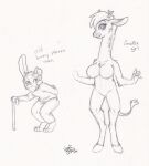 anthro background_character beard big_breasts breasts cane clothed clothed_anthro clothed_male clothing concept concept_art digitigrade digitigrade_paws duo elderly_male facial_hair female fully_clothed fully_clothed_anthro fully_clothed_male giraffe giraffid hooves lagomorph leporid male mammal missing_ear model_sheet nekostar nude nude_anthro nude_female rabbit sketch sweater topwear