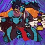 1:1 2020 2_horns 2_penises anthro bed black_body black_fur blue_body blue_eyes blue_nipples blue_tongue chaosdraws chimera closed_smile clothed clothed_anthro clothed_male clothing digital_drawing_(artwork) digital_media_(artwork) diphallism ek_(ninejackals) fangs felid fur furniture genitals hi_res hookah horn ineffective_clothing kneeling kneeling_on_bed living_penis living_tail looking_at_viewer male male_anthro mammal mouth_closed multi_genitalia multi_penis muscular muscular_anthro muscular_male nipples on_bed pantherine penis penis_snake reptile scalie signature smile smiling_at_viewer smoke smoke_from_nose snake snake_tail solo tail teeth tongue unusual_anatomy unusual_genitalia unusual_penis unusual_tail