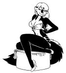 2026 anthro bedroom_eyes black_and_white bra breasts cleavage clothed clothing female fluffy fluffy_tail footwear fur hair hi_res high_heels kelly_o'dor looking_at_viewer mammal mephitid monochrome narrowed_eyes panties seductive shoes skunk solo tail tegerio underwear zandar's_saga