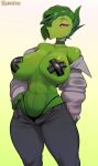 abs athletic athletic_female athletic_humanoid big_breasts biped bottomwear breasts choker clothed clothing electronic_arts elemental_creature eyeshadow female flora_fauna freckled_face freckled_shoulders freckles front_view green_body green_hair green_skin hair hand_on_hip hi_res humanoid jewelry makeup necklace nipple_tape open_clothing open_shirt open_topwear pants pasties peablaze_(leafpaw) peashooter_(pvz) plant plants_vs._zombies popcap_games redwolfxiii shirt solo standing tape thong topwear underwear