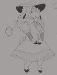 accessory anthro bottomwear bovid button_(fastener) caprine clothing female floppy_ears fluffy fluffy_hair fluffy_tail frilly grey_background greyscale hair hands_in_front hi_res hoof_hands hooves mammal monochrome necktie paigedustzone poofy_hair sheep sheep_tail simple_background simple_eyes skirt smile snout solo standing tail trimmed_dress wide_brim_hat
