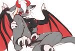 2024 2_horns anthro areola back_wings big_breasts biped black_body black_fur blonde_highlights blush breasts claws clitoral_hood clitoris curvy_figure digital_drawing_(artwork) digital_media_(artwork) dragon female female_anthro flat_colors front_view fur furred_dragon furred_scalie genitals gloves_(marking) grey_body grey_fur hair half-closed_eyes hi_res highlights_(coloring) horn humanoid_genitalia humanoid_vulva inner_labia knee_pulled_up leg_markings looking_at_viewer lunargent markings membrane_(anatomy) membranous_wings monotone_hair multicolored_body multicolored_fur mythological_creature mythological_scalie mythology narrowed_eyes nipples nude nude_anthro nude_female plantigrade presenting presenting_vulva red_eyes red_highlights red_horn scalie short_hair simple_background sitting socks_(marking) solo spread_legs spread_vulva spread_wings spreading straight_hair tail toe_claws two_tone_body two_tone_fur urethra vulva white_background white_hair wing_claws winged_dragon wings