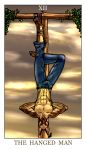  anthro bound brown_eyes brown_fur canine card clothed clothing cloud dog feralise fur hanging_by_feet major_arcana male mammal muscular muscular_male nipples pole sky smutmutt_(character) solo tan_fur tarot_card the_hanged_man_(tarot) topless wood 