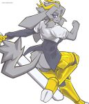 2025 absurd_res accessory action_pose anthro antlers armor athletic athletic_anthro athletic_female azurebluetkt big_butt black_clothing blue_eyes bottomless bottomless_anthro bottomless_female bovid breasts butt caprine clothed clothing digital_drawing_(artwork) digital_media_(artwork) eyelashes felid feline female female_anthro fist floppy_ears fur goat gold_(metal) gold_armor gold_jewelry grey_body grey_fur grey_hair hair hair_accessory hair_ring hi_res holding_melee_weapon holding_object holding_weapon hooves horn hybrid jackalope jacket jewelry lagomorph leporid looking_back lop_ears mammal medium_breasts melee_weapon pose pseudoregalia rabbit raised_leg rear_view short_hair side_boob solo sybil_(pseudoregalia) tail topwear vest weapon white_clothing