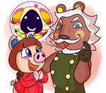 2023 4_fingers animal_crossing anthro arms_bent bent_arm black_face black_hands black_nose blue_eyes blue_inner_ear bovid brown_body brown_fur brown_hair button_(fastener) caprine cel_shading cheek_spots closed_smile clothed clothed_anthro clothed_female clothed_male clothing colored cookieboy011 curled_horn curling_tail digital_drawing_(artwork) digital_media_(artwork) domestic_pig dot_eyes english_description eyebrows eyelashes facial_hair felid female female_anthro fingers floppy_ears fur green_clothing green_topwear green_vest group hair hand_on_shoulder happy heart_symbol hearts_around_head horn larger_anthro larger_male light lighting lion lionel_(animal_crossing) looking_at_another looking_at_viewer male mammal mane mouth_closed multicolored_body multicolored_fur multicolored_horn mustache nintendo open_mouth open_smile orange_horn pantherine peggy_(animal_crossing) pink_snout pupils red_clothing red_horn red_shirt red_tongue red_topwear scarf shaded sheep shirt short_hair short_mane simple_background simple_eyes size_difference smaller_anthro smaller_female smile smiling_at_another smiling_at_viewer snout speech_bubble standing story_at_source straight_arm suid suine sus_(pig) tail tan_body tan_skin tan_tail tongue topwear trio two_tone_horn vest vesta_(animal_crossing) white_background white_eyebrows white_eyes white_facial_hair white_mane white_mustache white_sclera yellow_inner_ear yellow_scarf