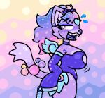 abstract_background aliasing anthro big_breasts blush bodily_fluids breast_expansion breasts butt_wings choker cleavage_cutout clothing cutout digital_media_(artwork) embarrassed expansion eyeshadow felid female forehead_gem freckles gem glistening glistening_body gradient_hair grin hair hand_on_hip hi_res huge_breasts implied_breast_expansion jewelry latex latex_clothing lb_(squeakitties) leotard magical_girl_outfit makeup mammal microsoft_paint_(artwork) multicolored_hair necklace open_mouth orb oversized_sleeves ponytail portrait purple_body purple_eyeshadow purple_flesh scrunchie shark_teeth side_eye_at_viewer side_view smile squeakitties sweat tattoo three-quarter_portrait unusual_wing_placement wings