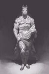 2025 5_fingers abs absurd_res anthro biceps biped clothed clothed_anthro clothed_male clothing digital_drawing_(artwork) digital_media_(artwork) equid equine eyebrows facial_markings fingers front_view full-length_portrait grey_background greyscale hair head_markings hi_res holding_clothing holding_object holding_topwear hooves kingarthur_i looking_at_viewer male male_anthro mammal markings monochrome mouth_closed muscular muscular_anthro muscular_male nipples pecs portrait pupils simple_background snout solo standing striped_arms striped_body striped_face striped_legs striped_torso stripes topwear trapezius unguligrade zebra