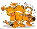 anthro black_eyes black_tail clothing confetti countershading cutlery dipstick_tail fork freckles garfield_(series) garfield_the_cat grin hat headgear headwear hi_res holding_object holding_tool holding_utensil kerchief kitchen_utensils knife long_tail markings narrowed_eyes neckerchief neckwear open_mouth open_smile orange_body orange_ears orange_tail party_hat party_horn pink_nose pink_tongue smile standing tail tail_markings tongue tools xochibunsai yellow_body yellow_countershading