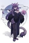 2:3 ahoge anthro arm_under_breasts big_breasts black_clothing black_dress black_legwear black_thigh_highs braided_hair braided_ponytail breasts cleavage cleavage_cutout clothed clothing cutout domestic_cat dress feet felid feline felis female fur fur_markings hair heart_(marking) hi_res highlights_(coloring) holding_object holding_smoking_pipe legwear long_hair looking_aside mammal markings pink_highlights ponytail purple_body purple_fur purple_hair shadow smoking smoking_pipe solo standing tail thigh_highs toeless_legwear toeless_thigh_highs toes yellow_eyes yeseafood