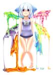  1girl bad_id bad_pixiv_id bare_shoulders blue_eyes blue_hair bow cirno drooling hair_bow highres melting one-piece_swimsuit onion_pikupiku school_swimsuit short_hair solo sweat swimsuit tears touhou 