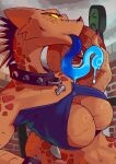 absurd_res anthro big_breasts black_collar blue_tongue bodily_fluids bracelet breasts chameleon claws cleavage cleavage_cutout clothed clothing collar cutout digital_media_(artwork) dripping english_text female fingers halftwit hi_res jewelry lizard long_tongue looking_at_viewer mr_yuck orange_body orange_scales reptile saliva saliva_drip saliva_on_tongue scales scalie smile solo spiked_bracelet spikes spines studded_collar studs tail text tongue tongue_out yellow_eyes