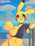 absurd_res anthro areola breasts choker city city_background clothing ear_piercing female flashing generation_1_pokemon grthgry heart_symbol hi_res jewelry necklace nintendo nipple_piercing nipples one_breast_out orange_areola outside piercing pikachu pokemon pokemon_(species) solo thong underwear water yellow_body