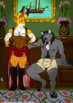 2024 anthro beard black_body black_fur blue_eyes blush blush_lines boots bottomwear brown_collar brown_leash buckteeth canid canine canis carpet claws clothed clothed_female clothing collar colored corset dated duo english_text facial_hair female flower footwear fur green_wall grey_body grey_fur hair hi_res holding_leash holding_object inside lagomorph leash leashed_collar leporid lingerie male male/female mammal muscular muscular_female muscular_male open_mouth painting_(object) plant rabbit rug ship shoes sitting standing tail teeth text topwear url vase vehicle wall_(structure) watercraft white_body white_fur whitecolt_productions wolf wood wood_wall yellow_body yellow_fur