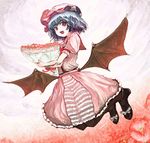  ashiyama_yoshinori bat_wings blue_hair bouquet flower flying happy hat high_heels highres looking_at_viewer open_mouth pantyhose red_eyes remilia_scarlet ribbon shoes short_hair solo touhou tulip wings 